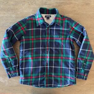Lands End Sherpa Lined Plaid Flannel Shacket-Navy & Green-Youth Sze Medium 10-12